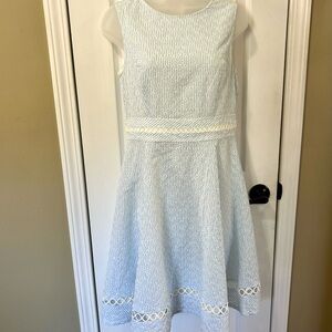 Calvin Klein Seersucker Eyelet A-Line Blue and White Sleeveless Dress Summer